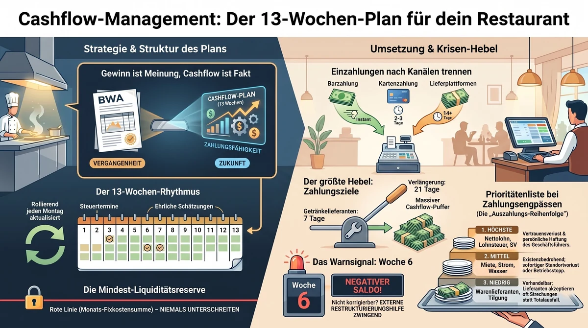 Infografik Cashflow Restaurant: 13-Wochen-Plan mit Strategie, Umsetzung und Krisen-Hebeln im Überblick