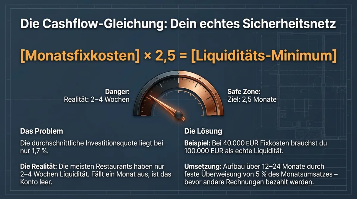 Cashflow-Puffer Restaurant Liquiditätsreserve: Monatsfixkosten mal 2,5 als echtes Sicherheitsnetz