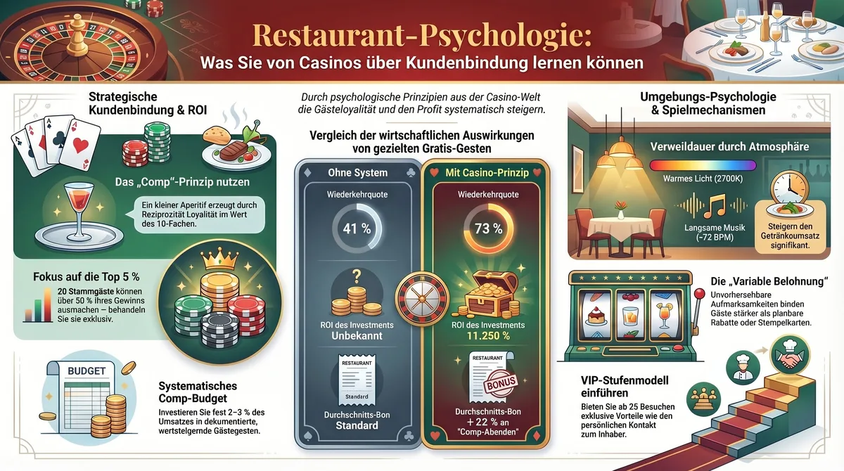 Infografik Restaurant-Psychologie: Strategische Kundenbindung, ROI, Comp-Prinzip, Top 5 Prozent, VIP-Stufenmodell und Umgebungspsychologie im Ueberblick