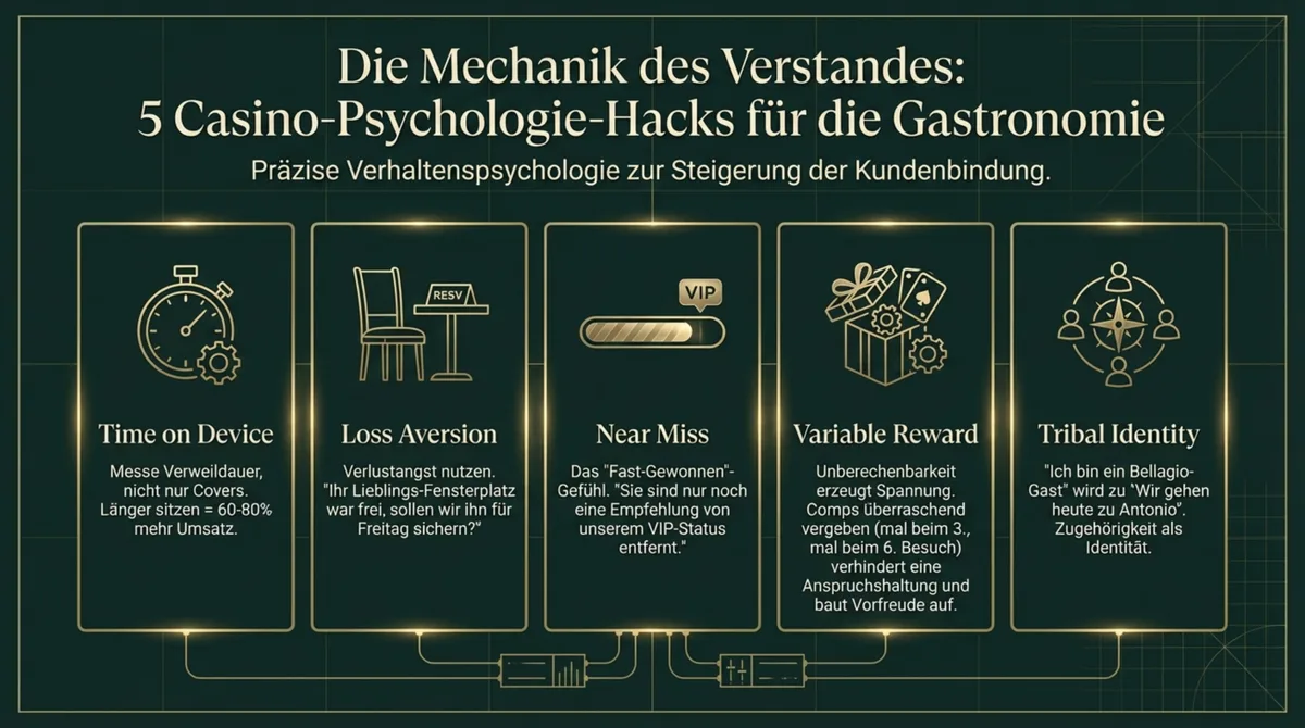 5 Casino-Psychologie-Hacks fuer die Gastronomie: Time on Device, Loss Aversion, Near Miss, Variable Reward und Tribal Identity
