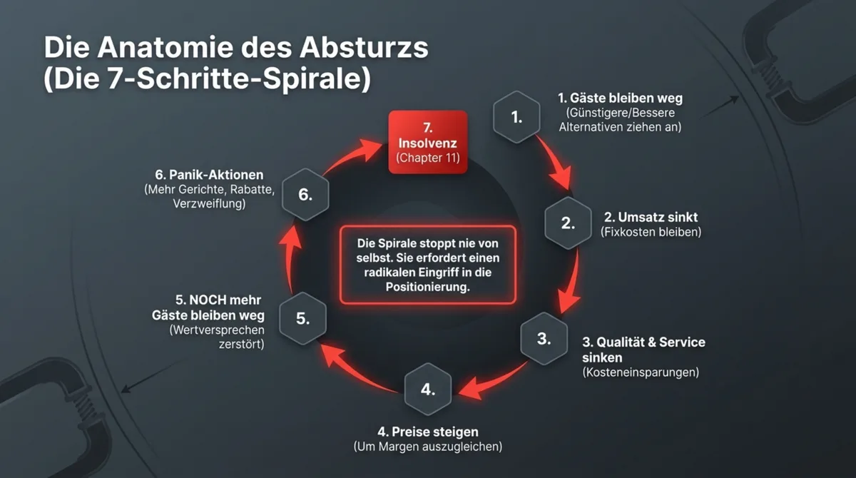 Die 7-Schritte-Absturzspirale im Casual Dining – wie Gästeabwanderung zur Insolvenz führt