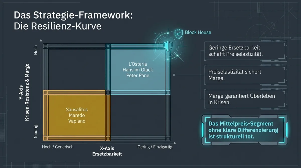 Resilienz-Kurve des deutschen Casual-Dining-Segments: Block House als Premium-Ausreißer, Vapiano und Maredo im Verlierer-Quadrant