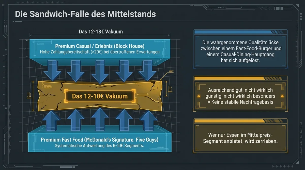 Die Sandwich-Falle des deutschen Casual-Dining-Mittelpreissegments: Druck von Premium-Gastronomie und aufgewertetem Fast Food auf das 12-18-Euro-Vakuum