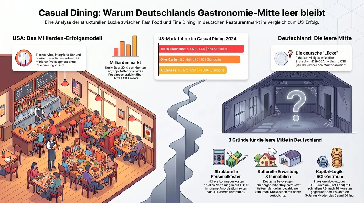 Casual Dining USA vs. Deutschland Marktstruktur-Vergleich: Das Milliarden-Erfolgsmodell der USA trifft auf die strukturell leere Mitte der deutschen Gastronomie