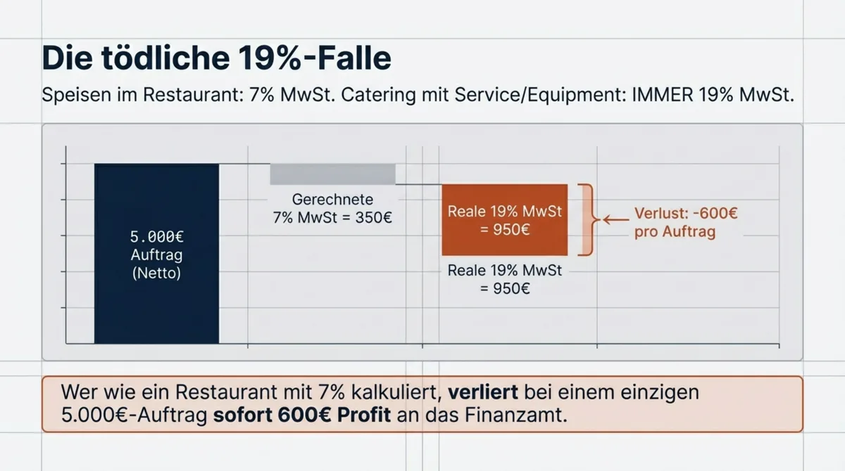 Die tödliche 19-Prozent-Falle: Catering mit Service ist IMMER 19 Prozent MwSt — wer mit 7 Prozent kalkuliert verliert 600 Euro pro 5.000-Euro-Auftrag