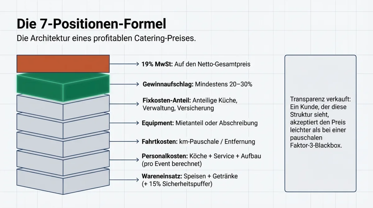 Die 7-Positionen-Formel: Architektur eines profitablen Catering-Preises von Wareneinsatz bis MwSt mit Gewinnaufschlag 20-30 Prozent