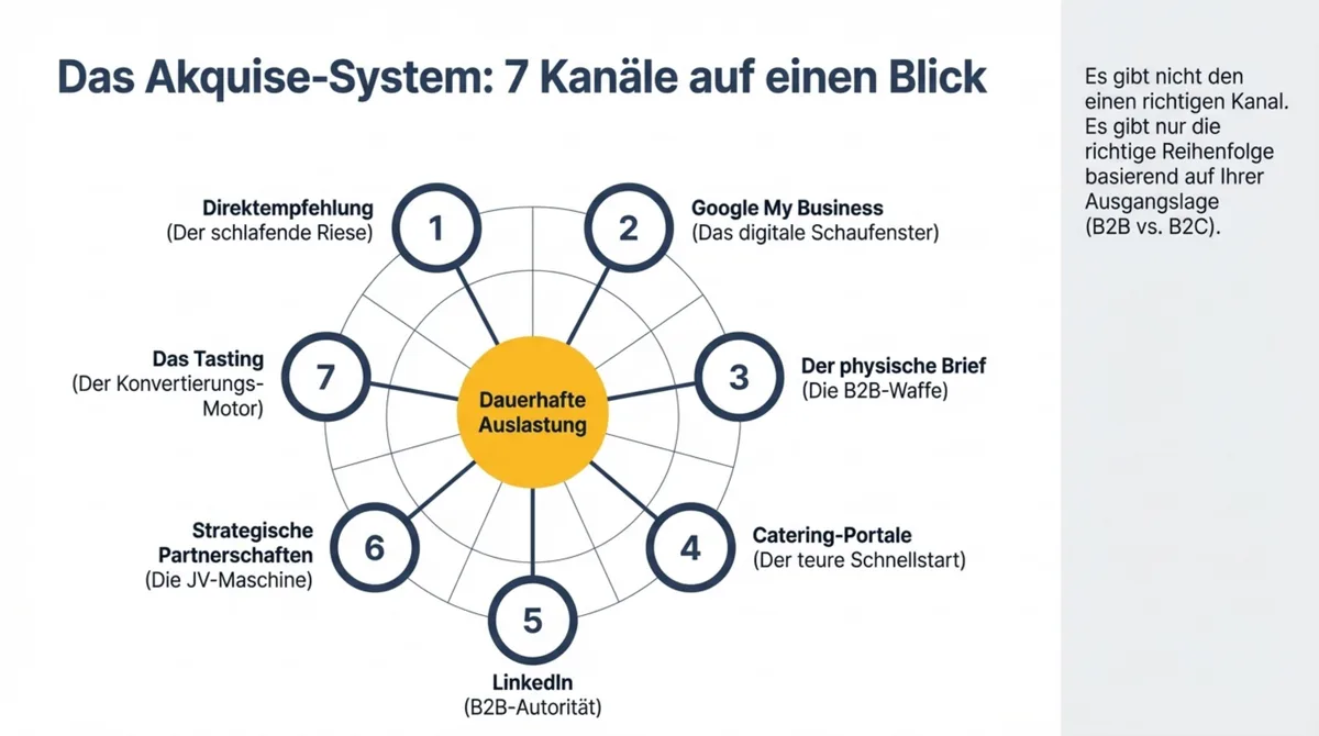 Das Catering-Akquise-System: 7 Kanäle auf einen Blick — von Direktempfehlung über Google und Brief bis zum Tasting