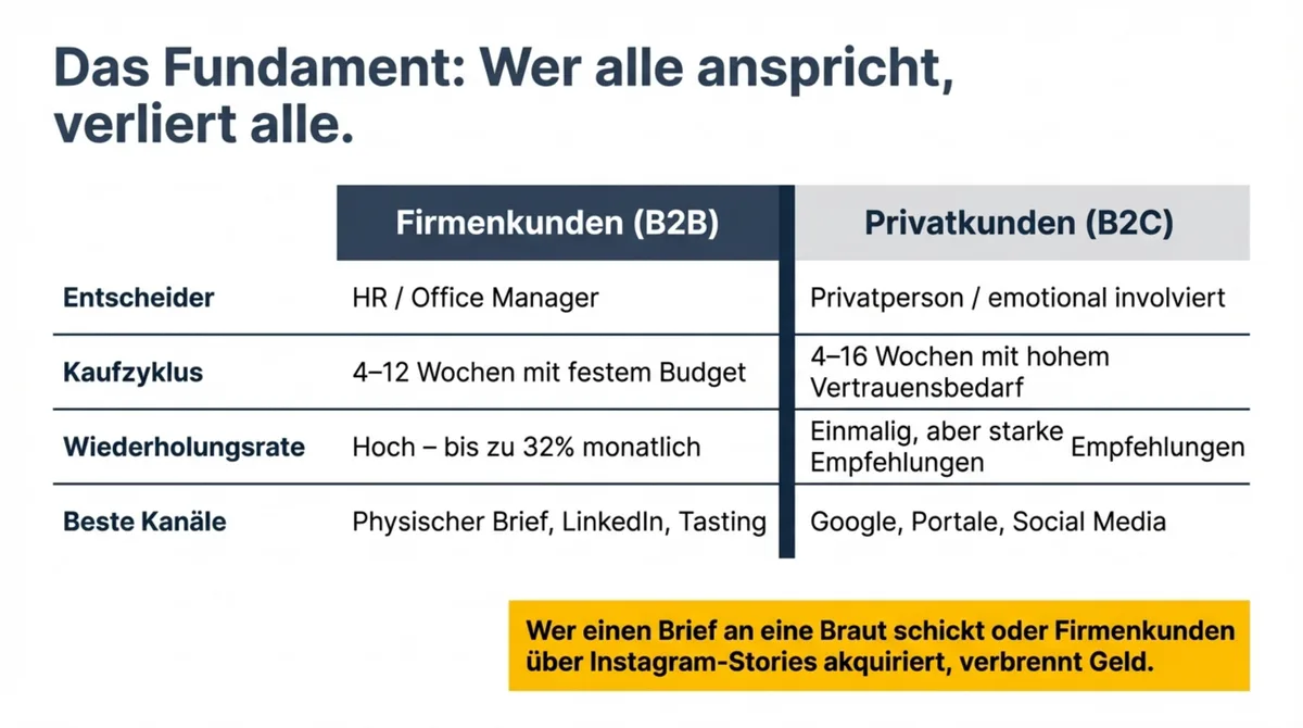 B2B vs B2C im Catering: Firmenkunden mit 32 Prozent Wiederholungsrate vs. Privatkunden mit starken Empfehlungen — unterschiedliche Kanäle