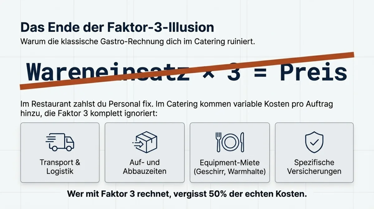 Das Ende der Faktor-3-Illusion: Wareneinsatz mal 3 vergisst 50 Prozent der echten Kosten — Transport, Aufbau, Equipment-Miete, Versicherungen