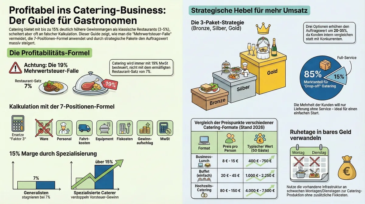 Catering-Geschäft aufbauen Infografik: Profitabilitäts-Formel, 7-Positionen-Kalkulation, 3-Paket-Strategie und Ruhetage als Umsatz-Turbo