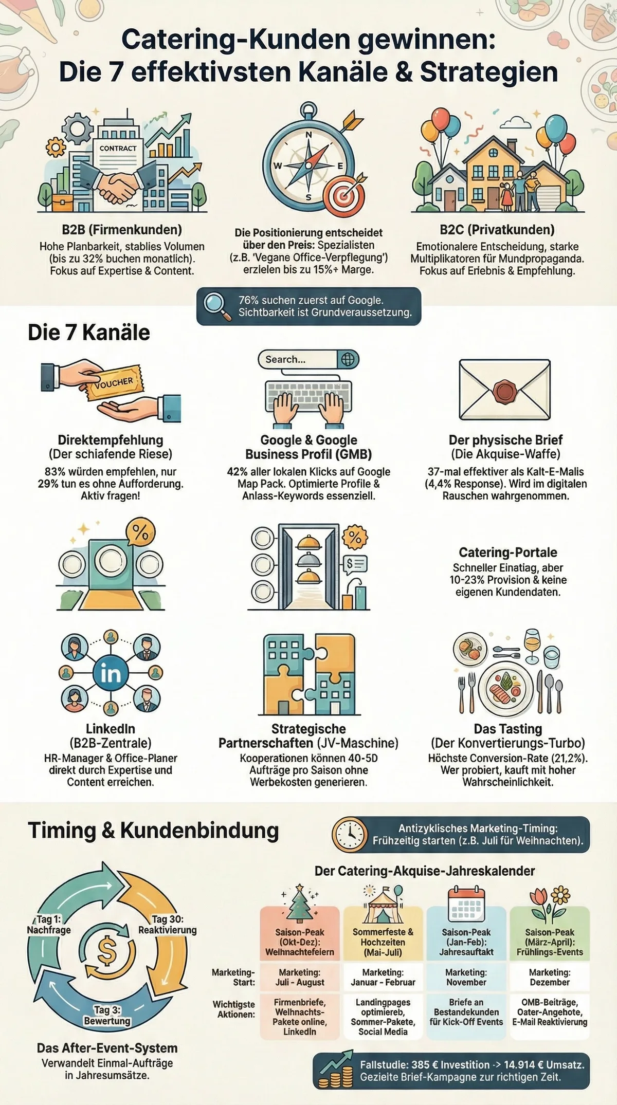 Catering Kunden gewinnen Infografik: Die 7 effektivsten Kanäle, Timing, Kundenbindung und das After-Event-System