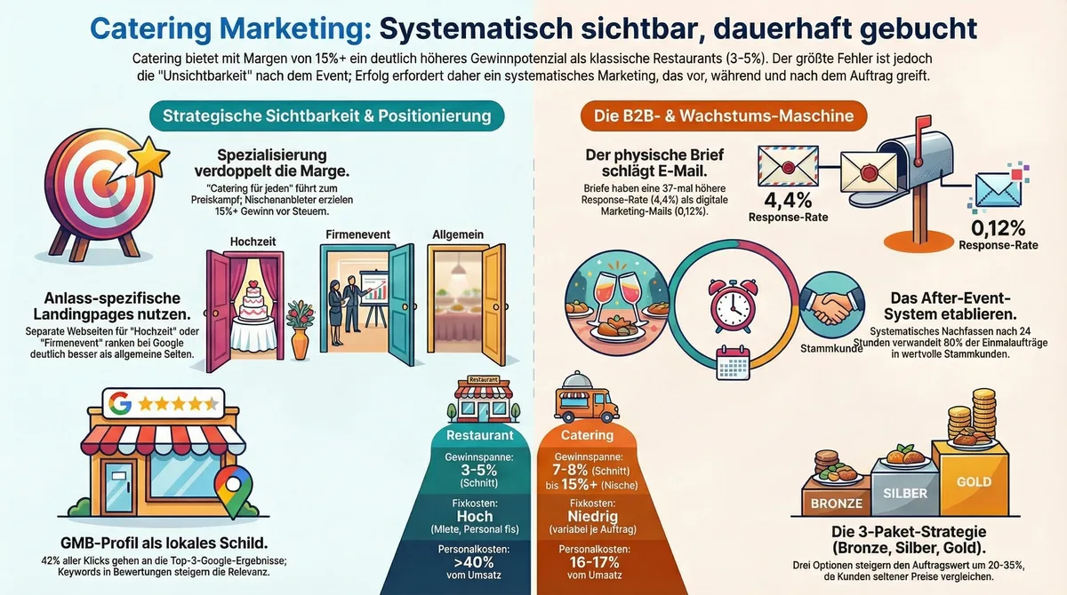 Catering Marketing Infografik: Strategische Sichtbarkeit, Positionierung, B2B-Wachstumsmaschine und 3-Paket-Strategie