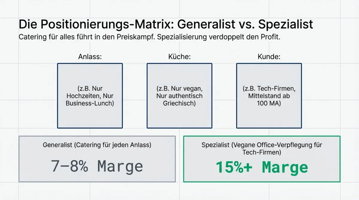 Die Positionierungs-Matrix: Generalist mit 7-8 Prozent Marge vs. Spezialist mit 15 Prozent plus — Spezialisierung verdoppelt den Profit