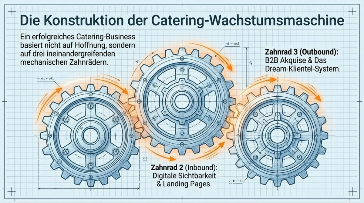 Die Konstruktion der Catering-Wachstumsmaschine: 3 ineinandergreifende Zahnräder — Positionierung, digitale Sichtbarkeit und B2B-Akquise
