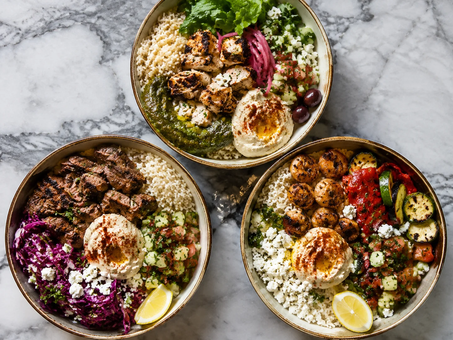 Top-down-Aufnahme von drei Mediterranean-Grain-Bowls mit Reis, Gemüse, gegrillten Proteinen, Hummus-Tupfen, Garnituren auf Marmor-Arbeitsfläche