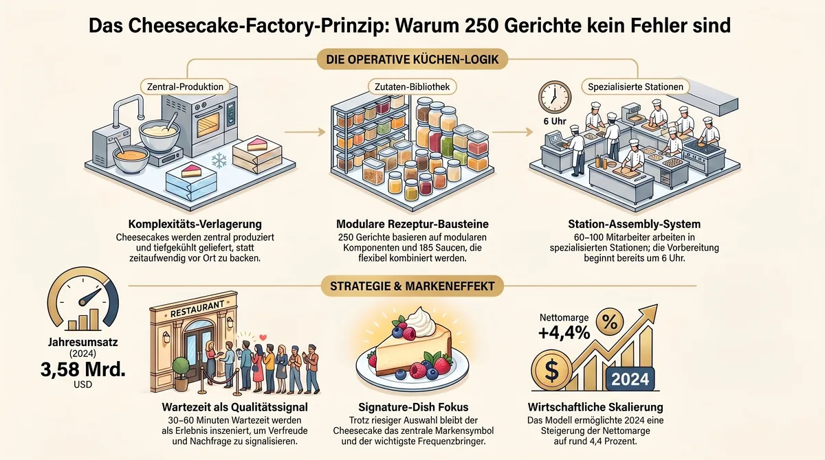 Cheesecake Factory operative Küchen-Logik: Zentral-Produktion, Zutaten-Bibliothek und Station-Assembly-System mit 60–100 Mitarbeitern