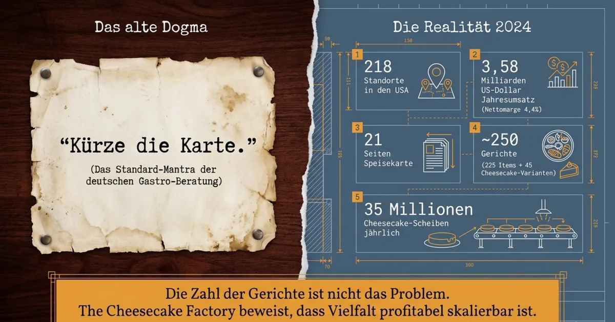 Cheesecake Factory Zahlen 2024: 3,58 Milliarden USD Umsatz, 218 Standorte, 250 Gerichte – die Realität gegen das alte Dogma