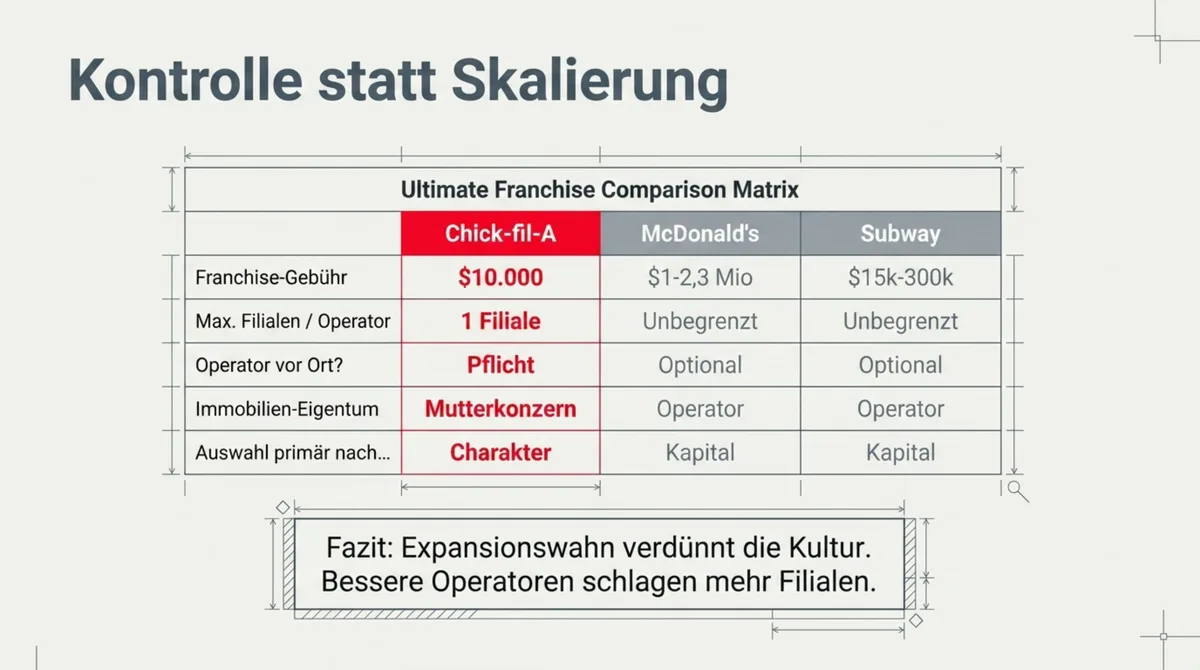 Franchise-Modell Vergleich Chick-fil-A vs. McDonald's vs. Subway: Gebühr, Filialen, Auswahl nach Charakter