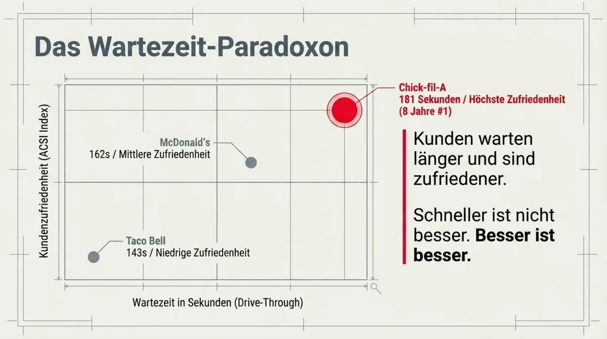 Chick-fil-A Kundenzufriedenheit #1 trotz längster Wartezeit: ACSI-Streudiagramm Drive-Through-Vergleich