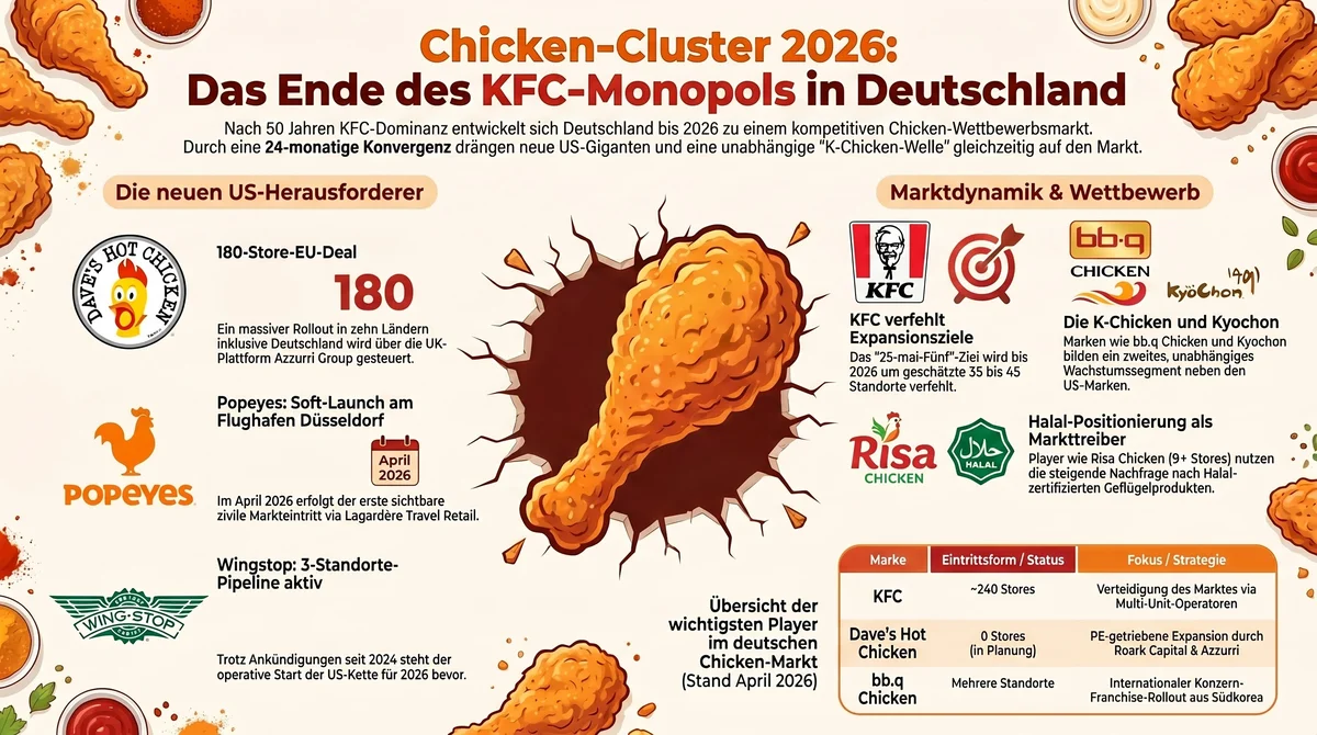 Chicken-Cluster 2026 Deutschland: KFC, Dave's Hot Chicken, Popeyes, Wingstop, bb.q Chicken – Eigentümer und Eintrittsformen im Überblick