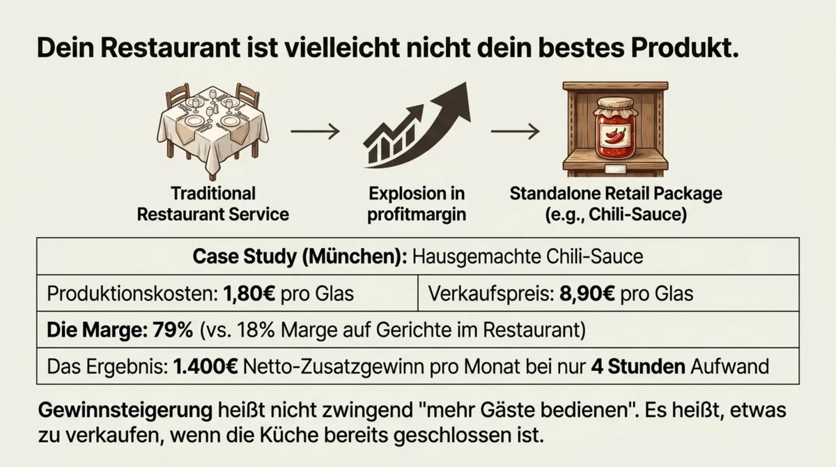 Chili-Sauce Case Study München: 1,80 Euro Produktionskosten, 8,90 Euro Verkaufspreis, 79 Prozent Marge, 1400 Euro Netto-Zusatzgewinn pro Monat