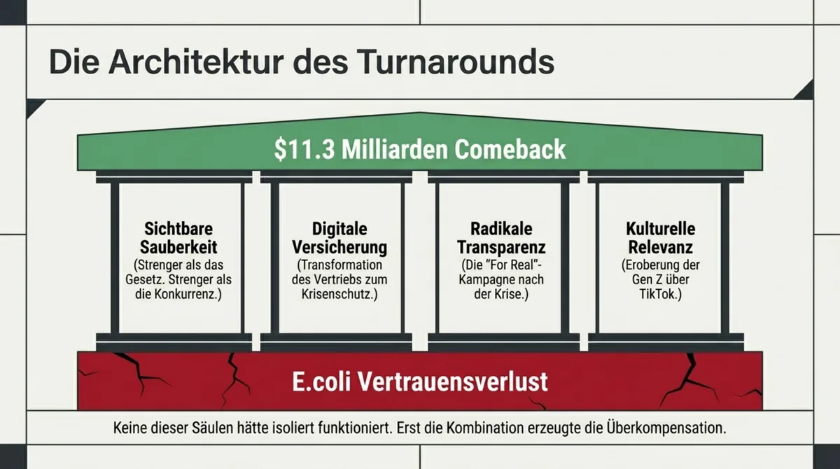 Chipotle Turnaround Architektur vier Säulen: Sichtbare Sauberkeit, Digital, Transparenz, Gen Z