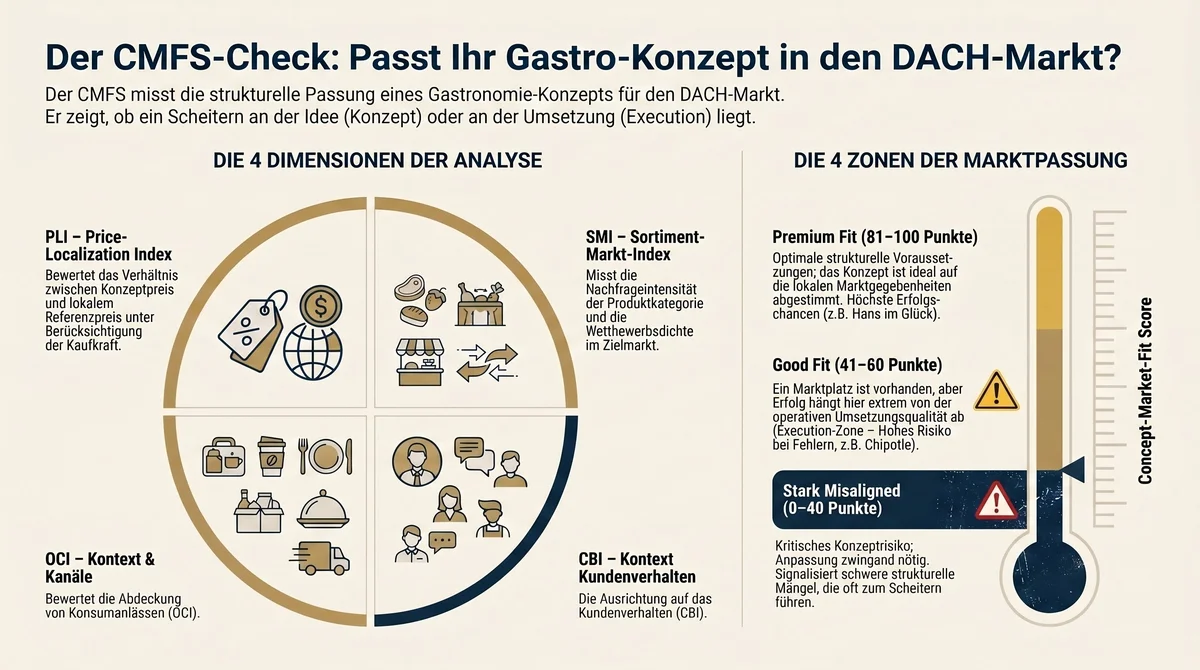 CMFS-Check: Vier Analyse-Dimensionen PLI, OCI, SMI und CBI sowie vier Marktpassungs-Zonen für Gastronomie-Konzepte im DACH-Markt