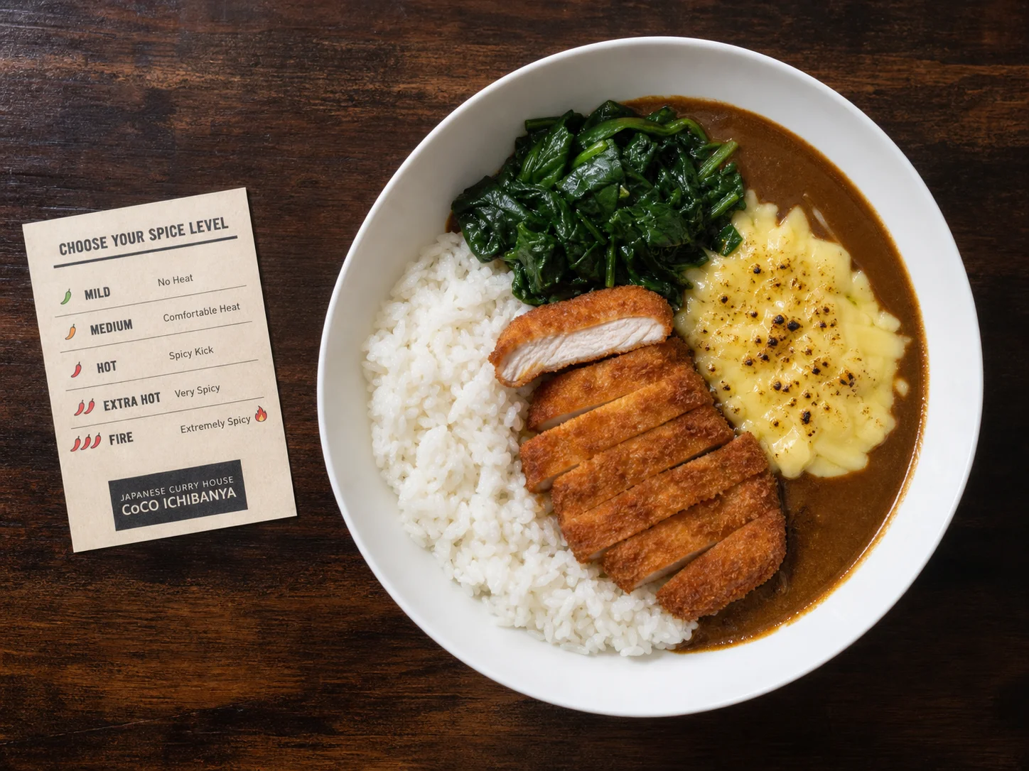 Curry-Bowl von oben mit Reis und mehreren klar getrennten Toppings