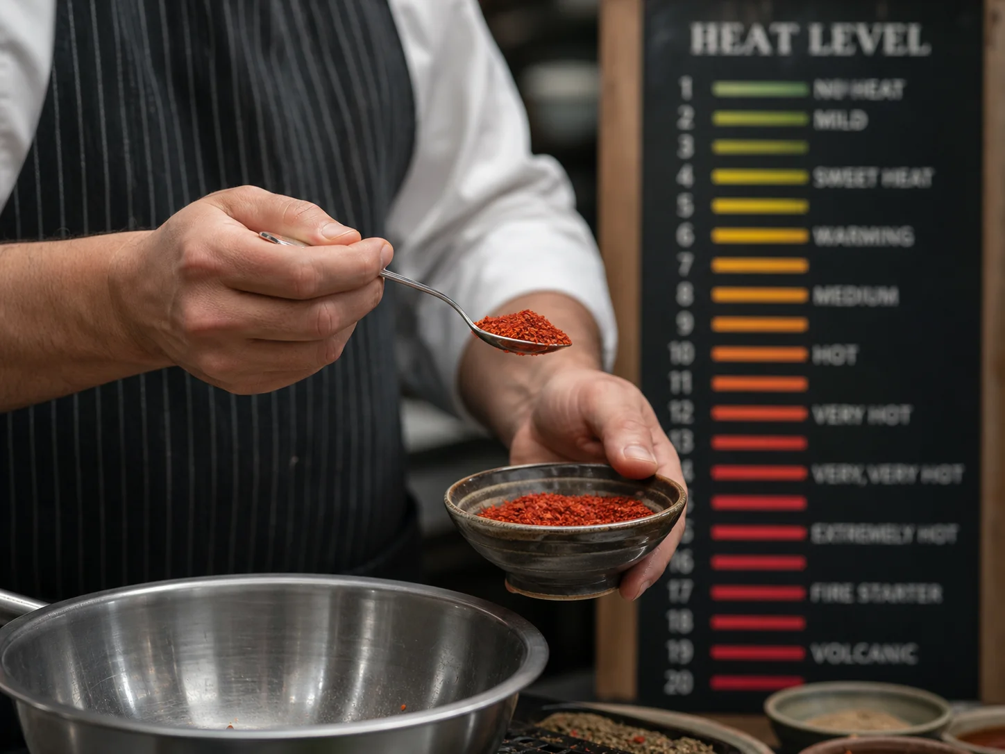 Hände messen rotes Chili-Pulver präzise mit Edelstahllöffel