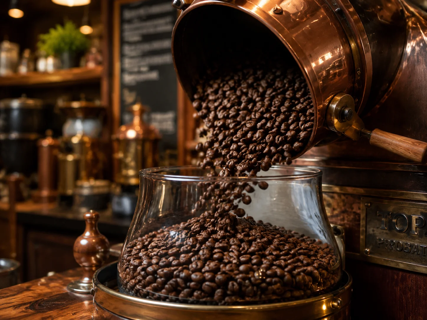 Makro-Aufnahme frisch gerösteter Kaffeebohnen kaskadierend aus einem Kupfer-Artisan-Röster in einen Glas-Behälter, warmes Licht reflektiert auf Holz und Messing