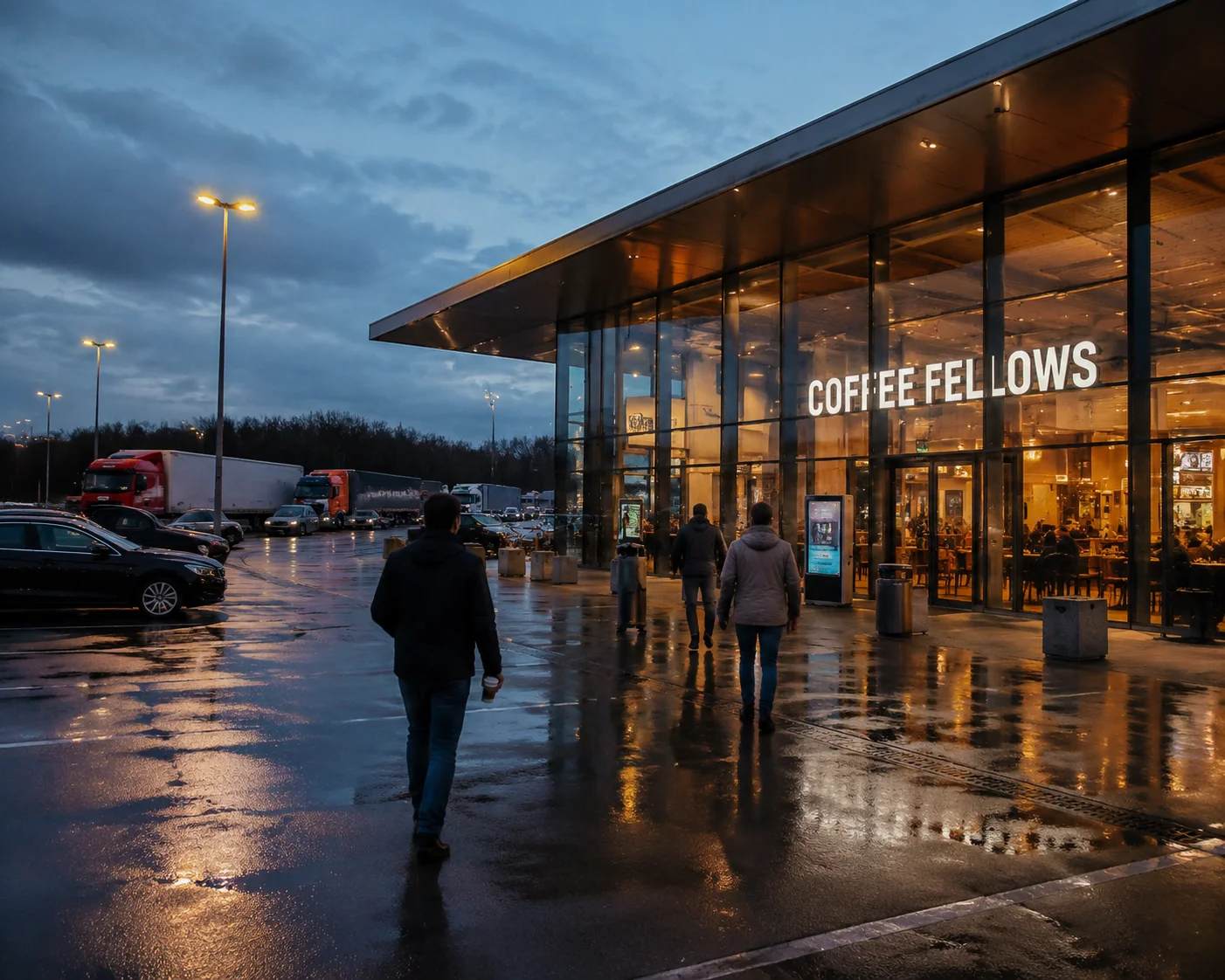 Moderne deutsche Autobahn-Raststätte mit Coffee-Shop in der Dämmerung, große Glasfassade mit warmem Innenlicht auf nassem Asphalt, Lkw und Pkw geparkt, Reisende mit Kaffeebechern