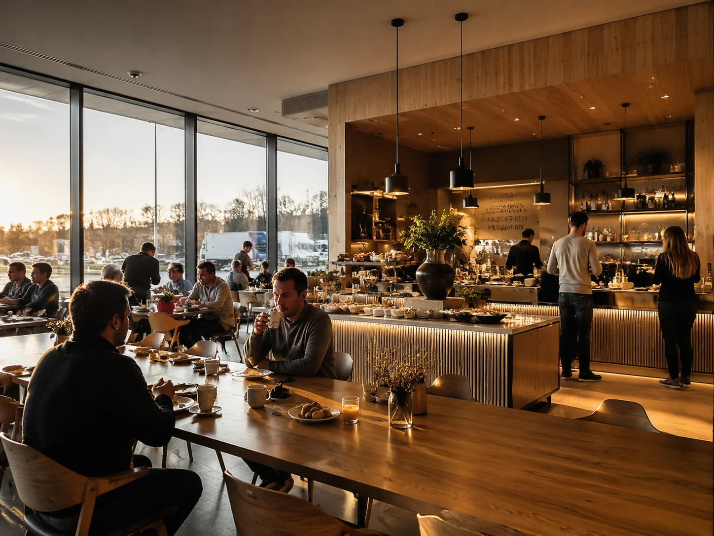 Gehobener deutscher Autobahn-Hotel-Frühstücksbereich am frühen Morgen, skandinavisch-inspiriertes Interieur, Gäste mit Kaffee und Gebäck an Gemeinschaftstischen, weiches Sonnenaufgangs-Licht durch bodentiefe Fenster