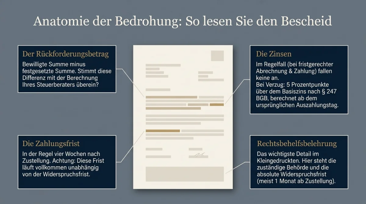 Anatomie des Corona-Rückforderungsbescheids: Rückforderungsbetrag, Zinsen, Zahlungsfrist und Rechtsbehelfsbelehrung – die vier entscheidenden Stellen im Dokument