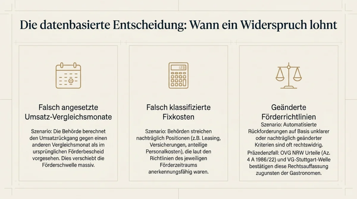 Wann lohnt sich der Widerspruch gegen Rückforderungsbescheid: falsch angesetzte Vergleichsmonate, falsch klassifizierte Fixkosten, geänderte Förderrichtlinien als Gründe