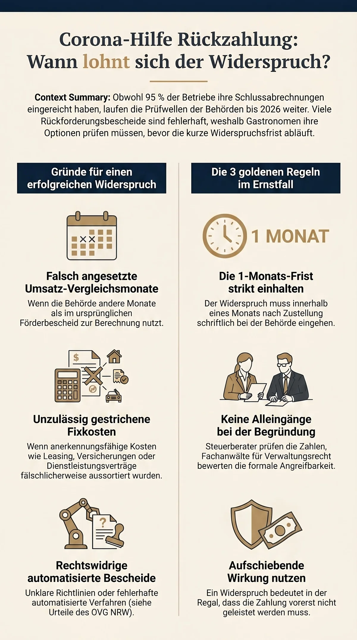 Corona-Hilfe Rückzahlung Widerspruch: Gründe für erfolgreichen Widerspruch und drei goldene Regeln – 1-Monats-Frist, kein Alleingang, aufschiebende Wirkung nutzen