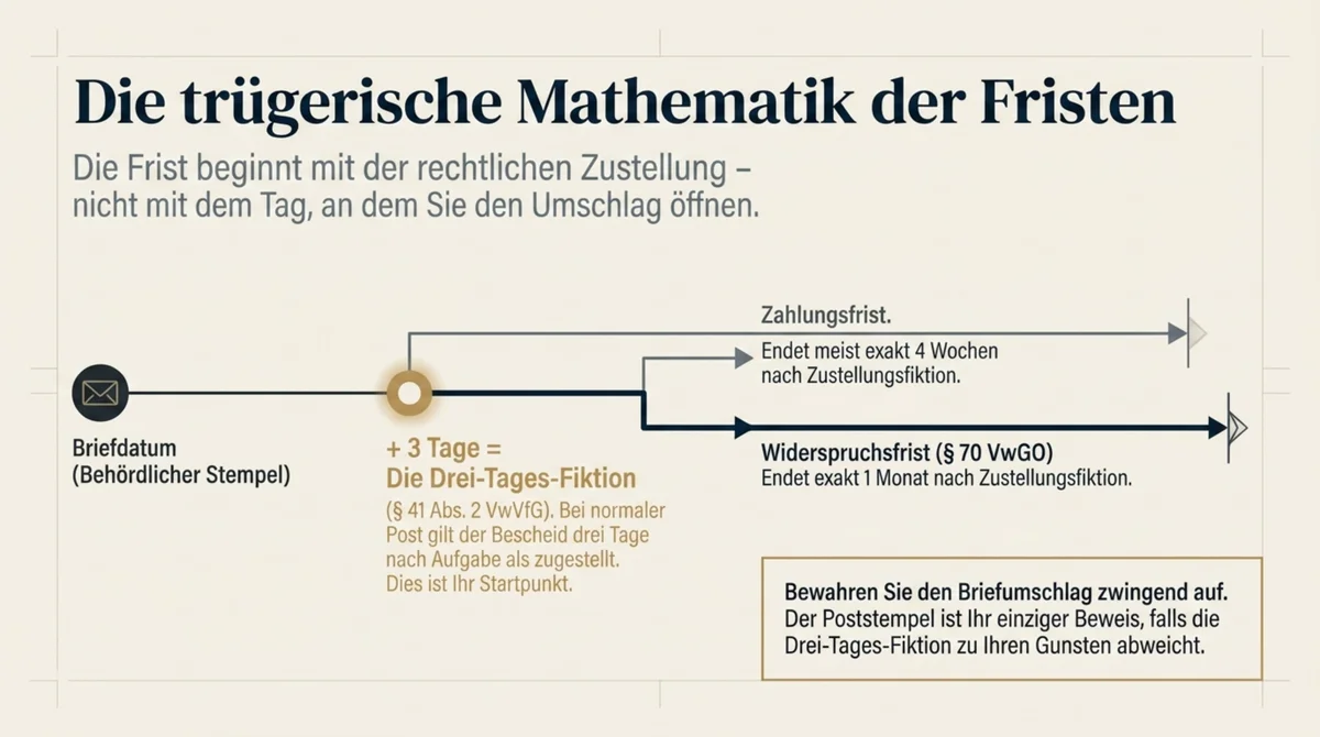 Widerspruchsfrist Rückforderungsbescheid berechnen: Briefdatum plus drei Tage Drei-Tages-Fiktion ergibt Zustelldatum, dann ein Monat Widerspruchsfrist nach § 70 VwGO