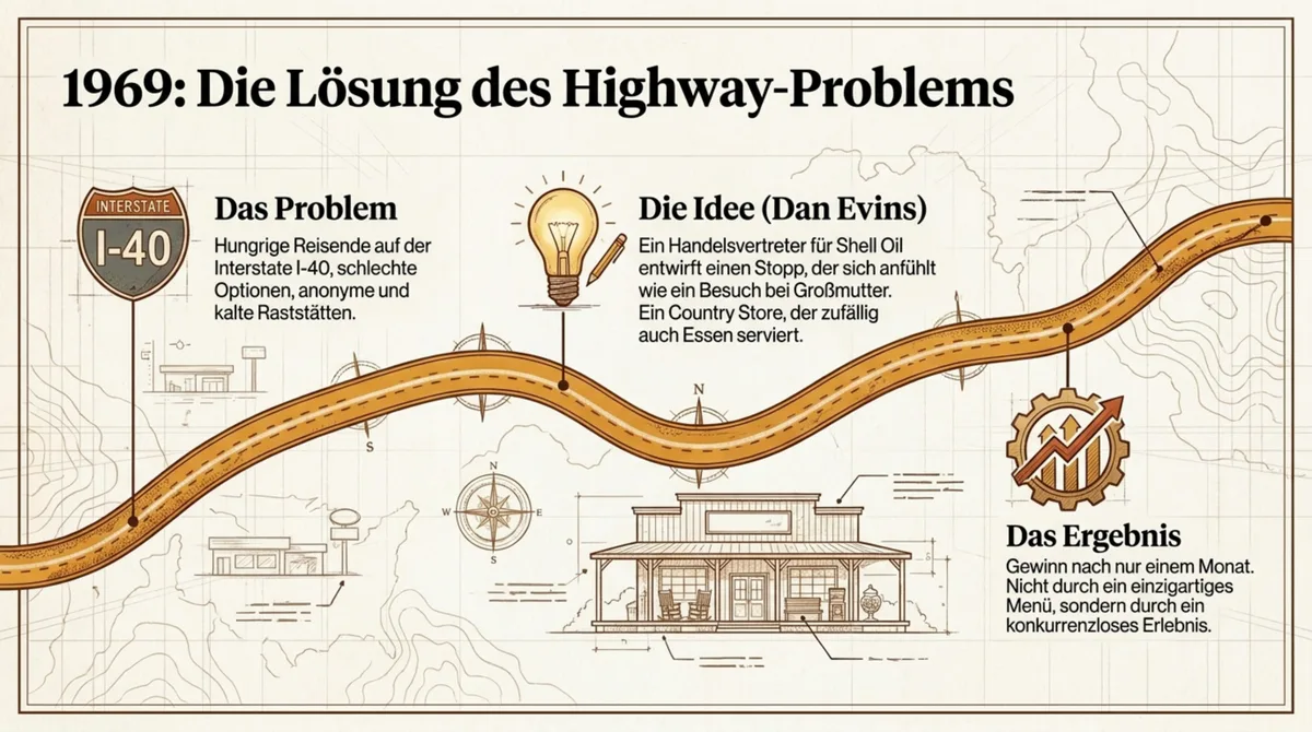 Cracker Barrel Gründungsgeschichte 1969: Dan Evins löst das Highway-Problem mit dem Country Store Konzept