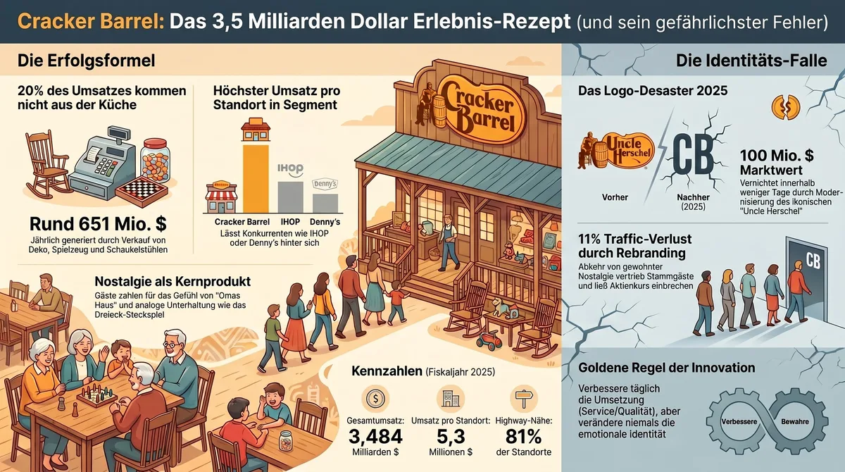 Cracker Barrel Erlebnis-Rezept: 3,5 Milliarden Dollar Erfolgsformel und Logo-Desaster 2025 im Überblick