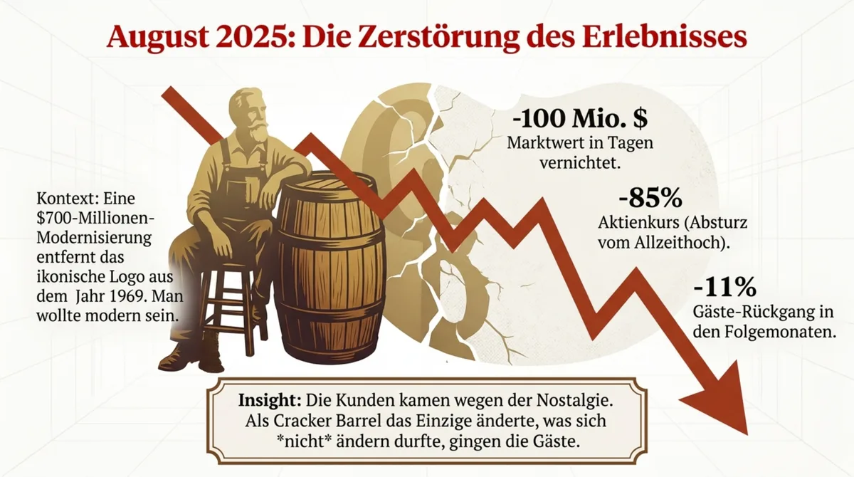 Cracker Barrel Logo-Änderung 2025: 100 Millionen Dollar Marktwert vernichtet, Aktienkurs minus 85 Prozent, 11 Prozent Gäste-Rückgang durch Rebranding