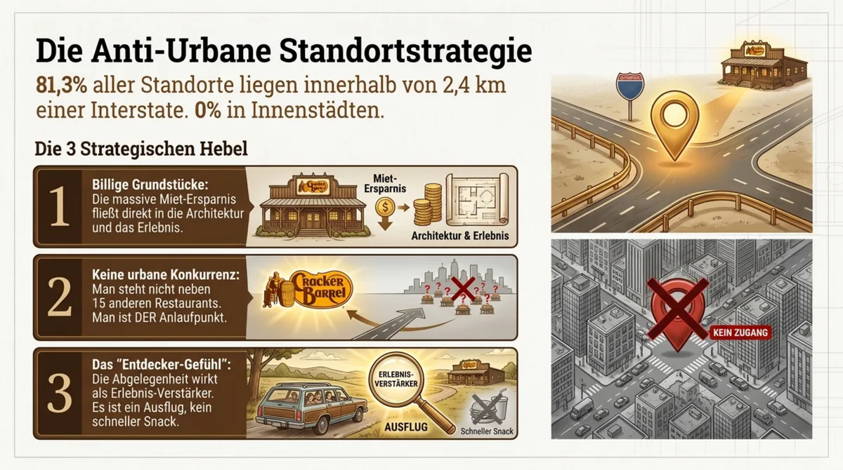Cracker Barrel Anti-Urbane Standortstrategie: 81 Prozent der Standorte an der Interstate Highway mit 3 strategischen Hebeln gegen Innenstadt-Konkurrenz