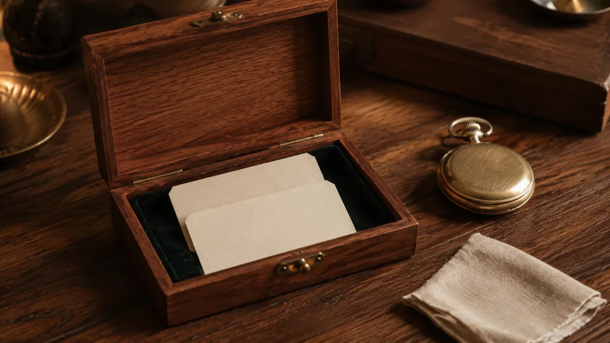 Geöffnete Zedernholzbox mit Karten und Taschenuhr zeigt was ein CRM in der Gastronomie leisten muss