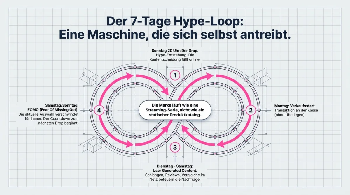 Crumbl Cookies 7-Tage Hype-Loop: Sonntag 20 Uhr Drop, Montag Verkaufsstart, Dienstag bis Samstag User Generated Content, FOMO am Wochenende