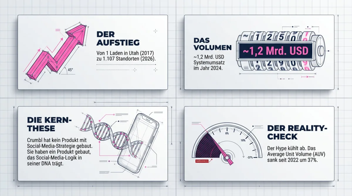 Crumbl Cookies Überblick: Aufstieg von 1 auf 1.107 Standorte, 1,2 Mrd. USD Systemumsatz, Kernthese Social-Media-DNA und AUV-Rückgang Reality-Check