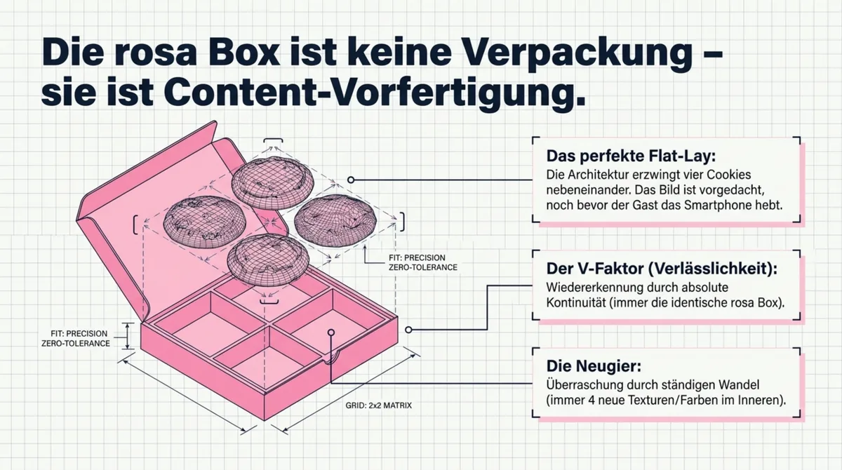 Crumbl Cookies rosa Box geöffnet mit 4 Cookies: Das Flat-Lay ist architektonisch vorgegeben – Content-Vorfertigung als Produktdesign mit V-Faktor Verlässlichkeit