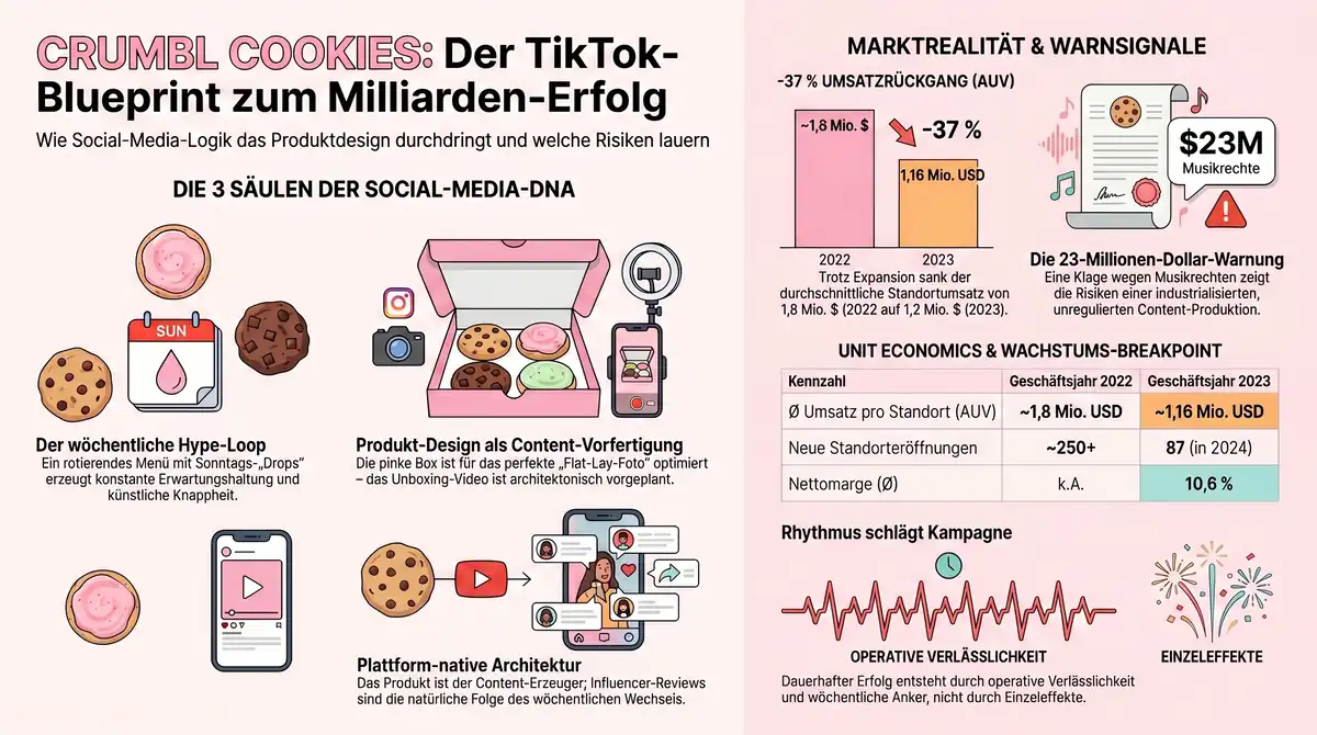 Crumbl Cookies Social-Media-DNA: Drei Säulen – wöchentlicher Hype-Loop, Produkt-Design als Content-Vorfertigung und plattformnative Architektur – mit Marktrealität und Unit Economics