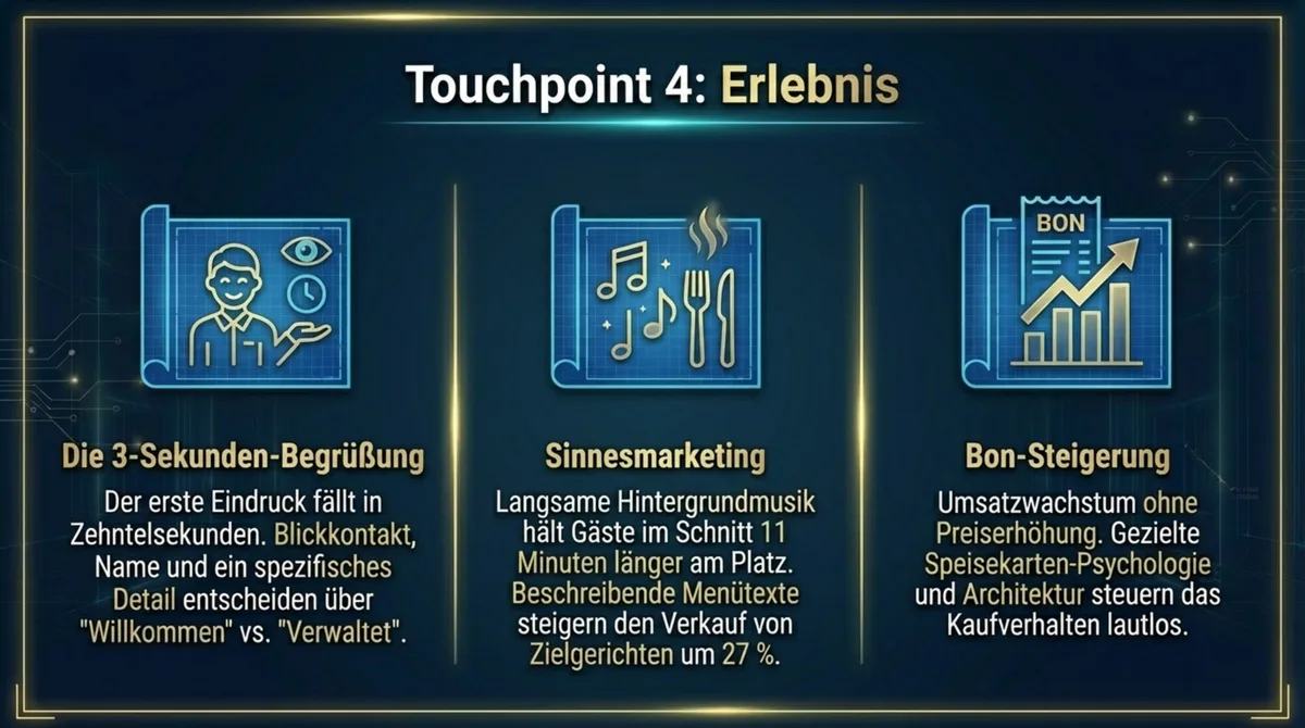 Touchpoint 4 Erlebnis: Die 3-Sekunden-Begrüßung, Sinnesmarketing mit Licht Musik und Duft, und Bon-Steigerung durch Upselling ohne Preiserhöhung