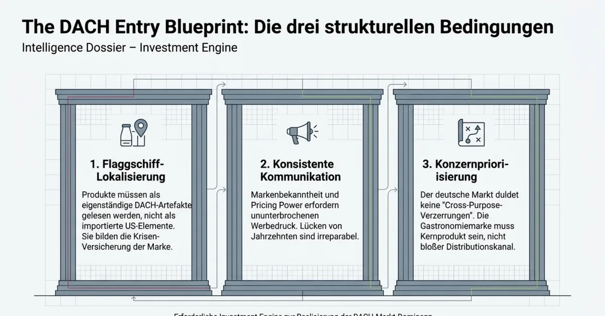 DACH Entry Blueprint drei strukturelle Bedingungen: Flaggschiff-Lokalisierung, konsistente Kommunikation und Konzernpriorisierung als Investment Engine für Marktdominanz