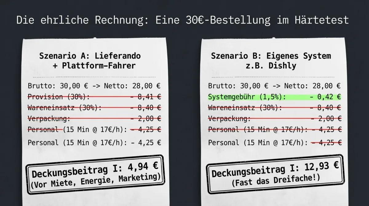 Dark Kitchen Rechnung: 30-Euro-Bestellung über Lieferando ergibt 4,94 Euro Deckungsbeitrag, eigenes System 12,93 Euro