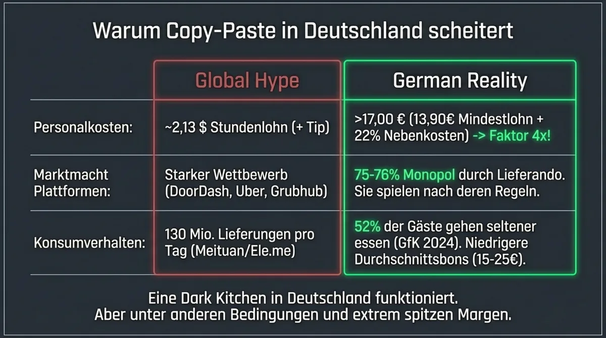 Dark Kitchen Deutschland vs. USA: Personalkosten 4x höher, 75-76 % Marktmonopol von Lieferando – warum Copy-paste scheitert