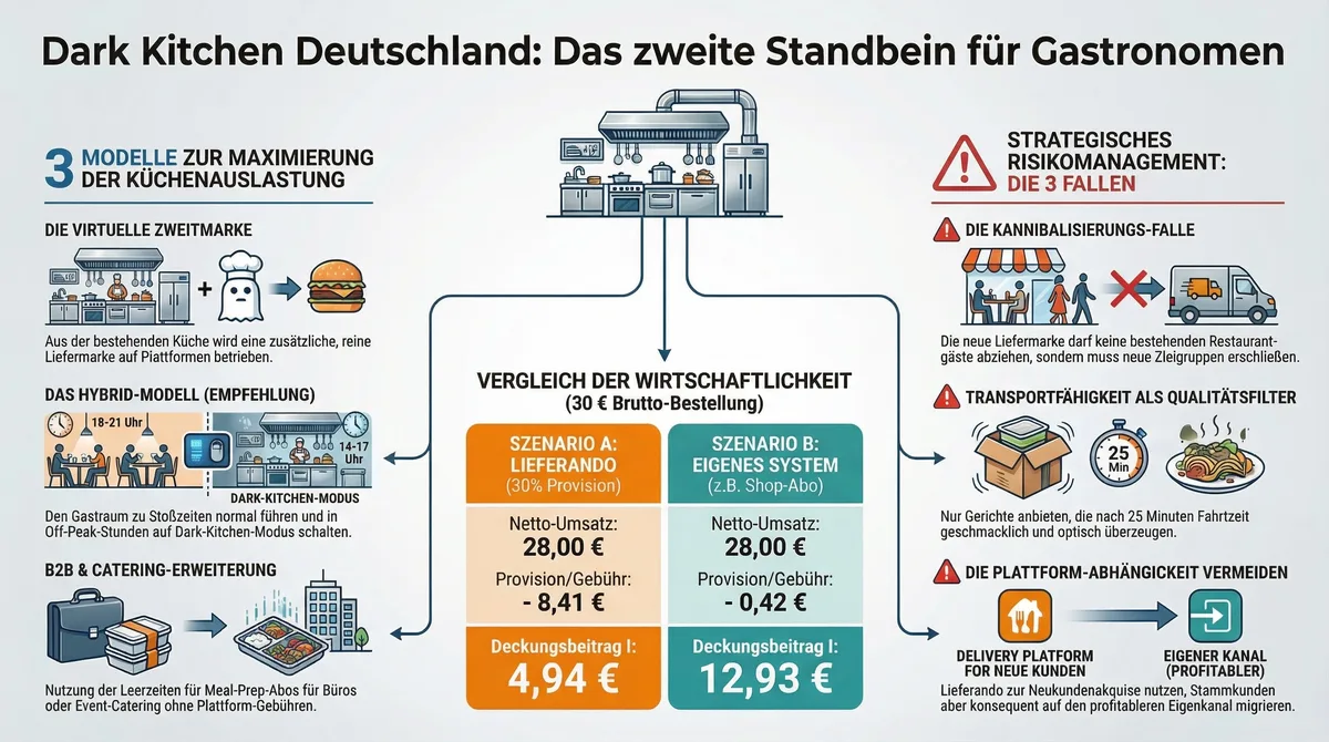 Dark Kitchen Deutschland Infografik: 3 Modelle zur Küchenauslastung, Wirtschaftlichkeitsvergleich 30-Euro-Bestellung und 3 strategische Risiken